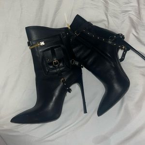 Black leather moto stiletto boot